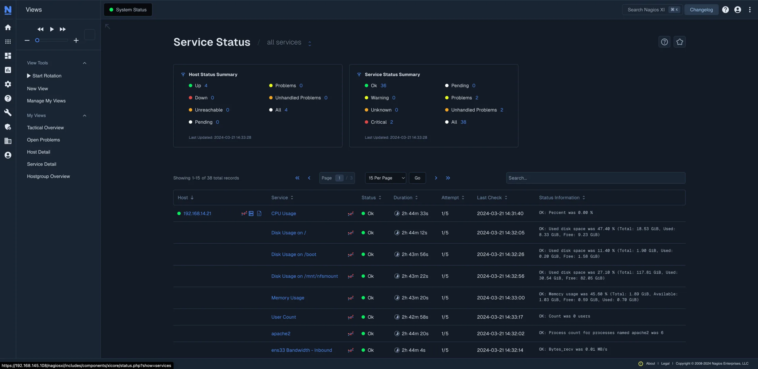 Nagios XI Service Status Screenshot