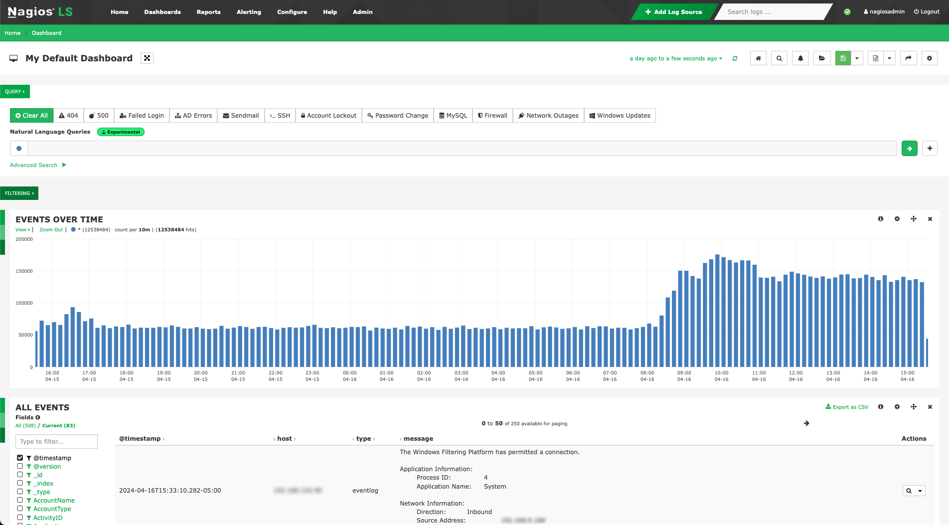 Nagios Log Server Events Dashboard