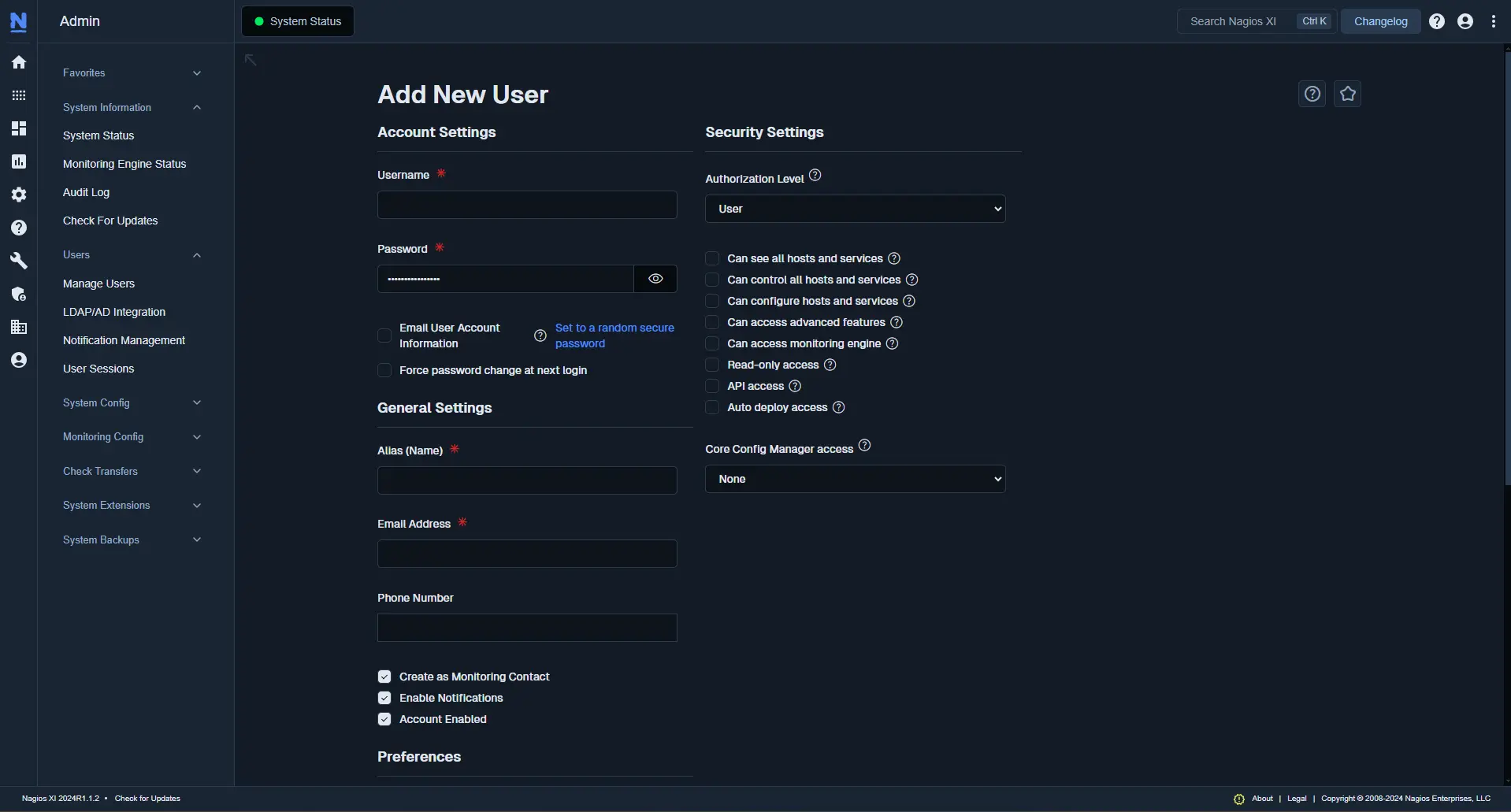 Add New User screen from the Nagios XI Admin Dashboard. Displayed in the Neptune theme.