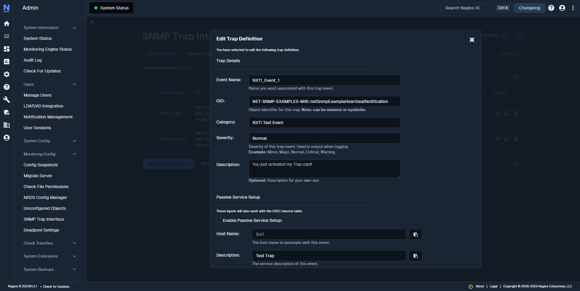 Nagios XI's SNMP Trap: Edit Trap Definition interface