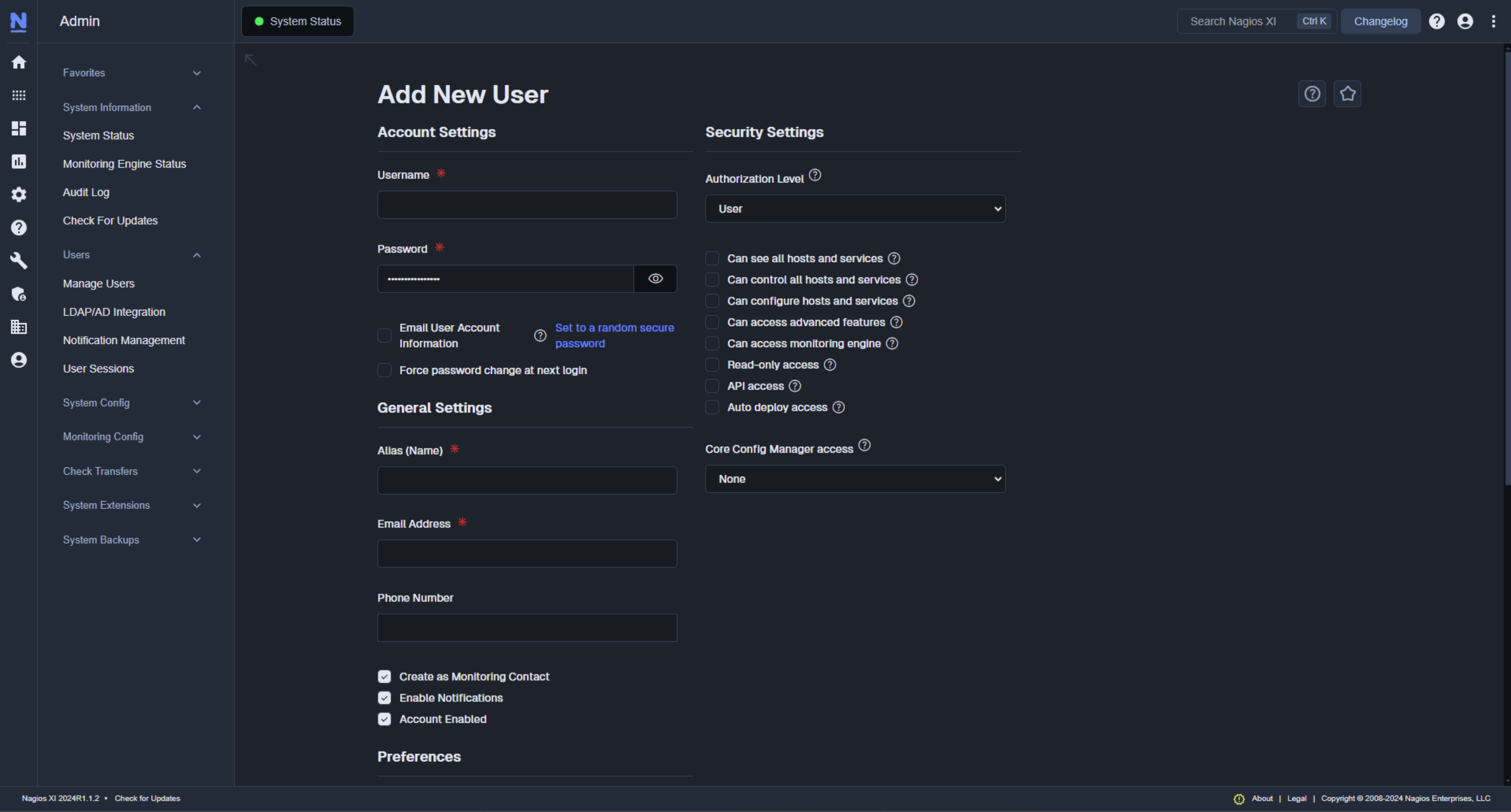 Nagios XI gives administrators the ability to manage users, user permissions, and more from the Admin pages.